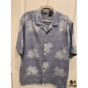 Axist 100% Silk Button Front Short‎ Sleeve Casual Hawaiian Tropical Blue Large